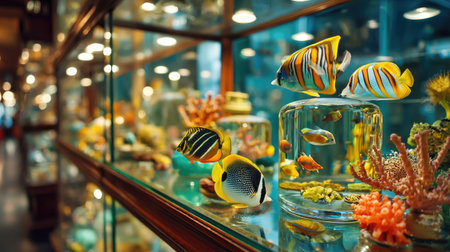 This stunning aquarium display showcases colorful tropical fish gracefully swimming among vibrant coral and marine decor. Ideal for nature lovers.の素材
