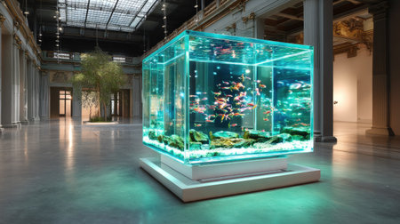 A striking modern aquarium display featuring colorful fish gracefully swimming in a beautifully designed art gallery setting, blending nature and art seamlessly.の素材