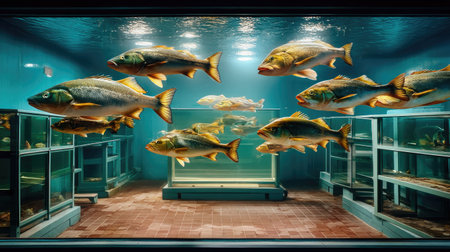 A stunning view of vibrant fish swimming gracefully in an aquarium setting. The bright lighting enhances the clarity of the water and displays diverse aquatic life beautifully.の素材