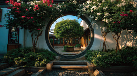 A tranquil garden scene featuring a circular arch adorned with vibrant flowers and lush greenery. This serene outdoor space invites reflection and relaxation.の素材