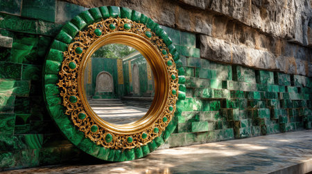A beautifully ornate mirror framed in green malachite captures the essence of luxury and elegance, reflecting the serene beauty of its surrounding stone wall.の素材