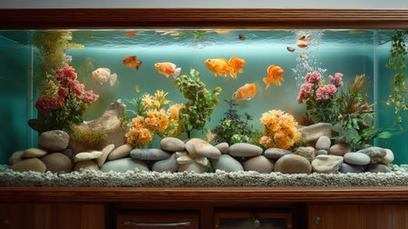 A vibrant aquarium scene featuring lively goldfish swimming amidst lush greenery, colorful plants, decorative rocks, and natural elements, perfect for home decor.の素材