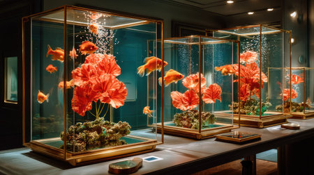 A captivating scene featuring goldfish swimming among striking orange flowers in glass aquariums, creating a serene and elegant ambiance.の素材