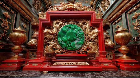 This stunning image features an exquisite green stone centerpiece surrounded by intricate golden dragon motifs in a richly decorated room.の素材