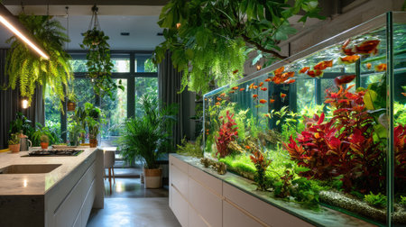 A stunning indoor aquarium filled with vibrant fish and lush plants, creating a serene and tranquil atmosphere in a modern kitchen space.の素材