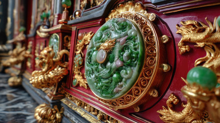 This stunning decorative panel showcases an intricate dragon motif, featuring a vibrant green gemstone set against a rich red background. The gold accents enhance the luxurious artistry, reflecting traditional craftsmanship.の素材