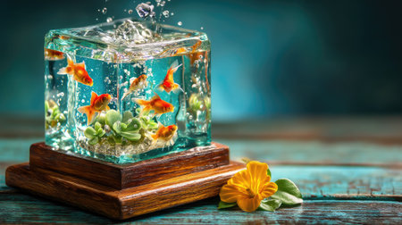A stunning image of lively goldfish swimming in a clear cube aquarium, accentuated by green aquatic plants and a yellow flower, creating a serene atmosphere.の素材