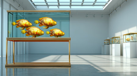 A striking interior view of a modern art gallery featuring a large, elegant aquarium with vibrant goldfish, framed by minimalist decor and ample natural light.の素材