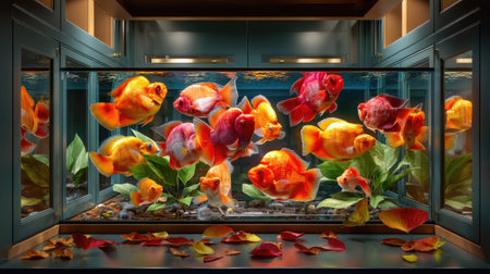 A stunning aquarium filled with vibrant goldfish swimming among lush greenery and decorative leaves, creating an enchanting aquatic scene perfect for homes or offices.の素材