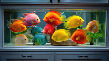This stunning image captures a lively array of colorful freshwater fish swimming gracefully in an aquarium, creating a vibrant aquatic environment.の素材