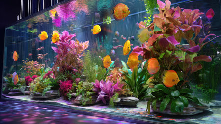 A stunning aquarium scene showcasing a variety of colorful fish swimming among lush aquatic plants. The vibrant colors and serene environment create a captivating underwater landscape perfect for relaxation and decoration.の素材