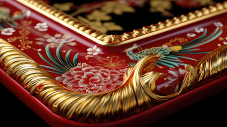 This image showcases an ornate decorative tray featuring intricate floral patterns and golden accents, set against a contrasting dark background, highlighting its artistry.の素材