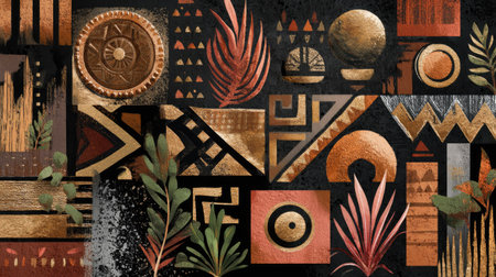 Colorful abstract art collage featuring geometric shapes and natural elements, ideal for creative projects, background art, or design inspiration.の素材