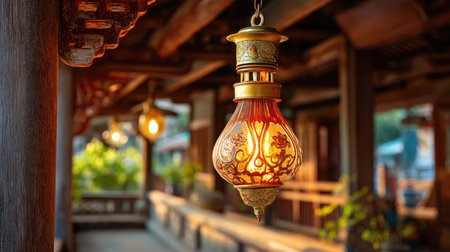 This enchanting image features a beautifully crafted antique lantern, radiating warm light within a rustic wooden pavilion, surrounded by lush greenery.の素材