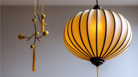 A beautifully crafted Asian lantern emits warm light, enhancing a modern indoor setting. Its unique design complements an elegant wall hanging. Perfect for cozy interiors.の素材