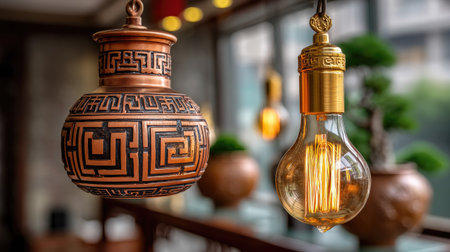 A captivating blend of vintage light fixtures and traditional decorative pots, creating a warm and inviting atmosphere in a cozy interior space.の素材