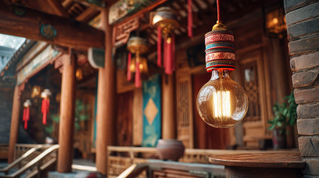 This image features a vintage hanging light fixture, beautifully reflecting the charm of traditional Asian architecture, showcasing intricate wood decor and warm illumination.の素材