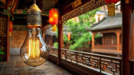 A beautifully crafted vintage light bulb illuminates a traditional Asian architectural space, surrounded by warm lanterns and lush greenery, evoking a serene ambiance.の素材