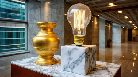 This image showcases a stunning golden vase and a vintage light bulb on a marble base, creating a sophisticated atmosphere in a modern interior setting.の素材