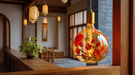 A stunning glass pendant light featuring a floral design adds a touch of elegance to this modern Zen interior, creating a warm and tranquil atmosphere.の素材