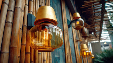 This image showcases stylish wall lamps with warm glass shades, enhancing a modern interior with natural bamboo elements, creating a cozy ambiance.の素材