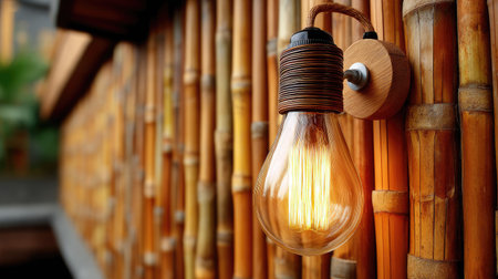 A beautifully designed vintage light bulb mounted on a wooden wall made of bamboo, exuding warmth and creativity in a cozy indoor setting.の素材