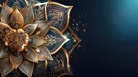 This stunning artwork features an elegant golden floral mandala design set against a dark blue background. The intricate details and luxurious patterns evoke a sense of beauty and harmony.の素材