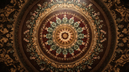 This stunning image features an intricate floral mandala pattern on a richly decorated ceiling, showcasing vibrant colors and meticulous design details.の素材
