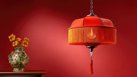 A stunning red pendant lamp with fringes adds elegance to any space, paired beautifully with a decorative vase on an antique table against a vivid wall.の素材