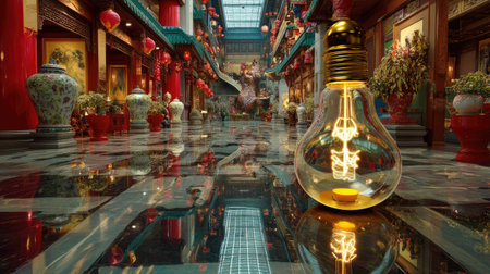 A stunning light bulb sets the scene in a vibrant Asian-inspired interior, adorned with colorful lanterns and exquisite decorative art. The ambiance reflects a perfect blend of tradition and modernity, showcasing intricate details in a serene atmosphere.の素材