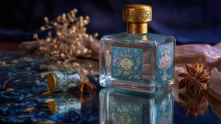 A beautifully crafted perfume bottle featuring intricate floral designs and a decorative cap, reflecting elegance and luxury in a serene setting.の素材