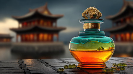 A vibrant glass bottle featuring a dragon-shaped cap sits elegantly against an ancient architectural background beneath a stormy sky, evoking a sense of historical luxury.の素材