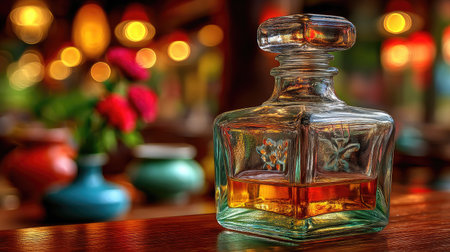 This stunning image features a glass bottle filled with amber liquid, set on a wooden table. The colorful background and floral elements create a warm, inviting atmosphere perfect for showcasing elegance and beauty in design.の素材