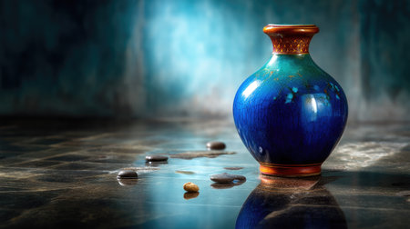 This beautiful blue ceramic vase features intricate designs and rests on a glossy surface, enhanced by scattered smooth stones and glistening water droplets.の素材