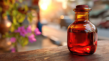 This image features a warm glass bottle filled with amber liquid, resting on a wooden table. The background showcases a beautiful sunset and vibrant flowers, creating a serene atmosphere perfect for wellness or herbal infusion themes.の素材