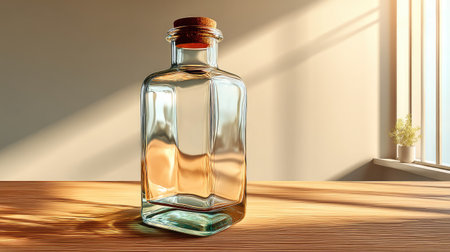 A clear glass bottle with a wooden cork is placed on a wooden table in a bright and modern interior, illuminated by natural light. This image conveys a sense of simplicity and elegance, perfect for various design and lifestyle themes.の素材
