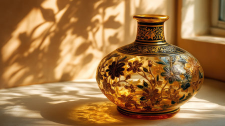 A beautifully crafted decorative vase featuring intricate floral patterns, casting mesmerizing shadows on a surface, enhanced by natural sunlight.の素材