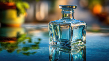 This image features a clear glass bottle reflected on a smooth surface, illuminated by soft natural light in a serene garden setting. Perfect for design projects.の素材