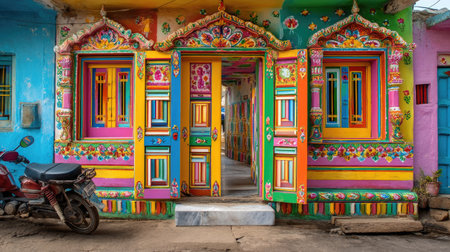 This stunning image captures a vibrant and colorful house in an Indian village, showcasing intricate decorations and artistic details. The bright facade and charming entrance invite viewers into a world of traditional architecture and local culture.の素材