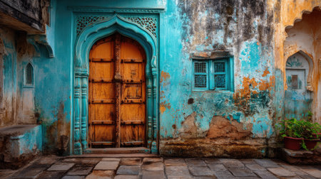 This image showcases a striking doorway with vibrant blue and orange hues set against a weathered wall, reflecting rich cultural heritage and architectural charm.の素材