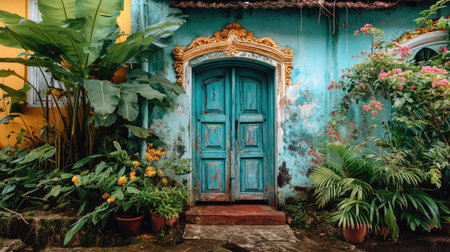 A charming rustic door painted in vibrant blue surrounded by lush greenery and colorful flowers creates an inviting atmosphere in a historic setting.の素材