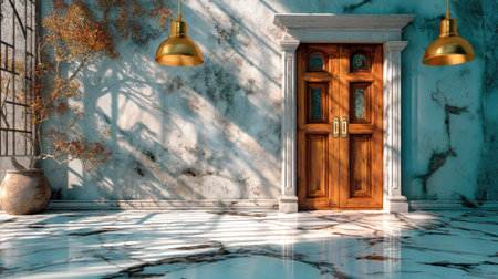 This stunning interior showcases an elegant wooden entrance door set against a vibrant turquoise wall. The glossy marble floor reflects soft light, creating beautiful shadows. Golden pendant lights enhance the luxurious feel, contributing to a serene and inviting atmosphere.の素材