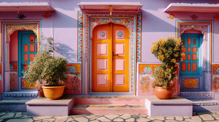 This image showcases a vibrant traditional entrance featuring a striking orange door framed by ornate decorations and lush greenery, embodying local culture.の素材