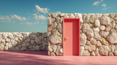 A vibrant pink door set against a textured stone wall captures the essence of tranquility. The clear blue sky filled with soft clouds enhances the serene atmosphere, making it an inviting focal point for design and architecture enthusiasts.の素材