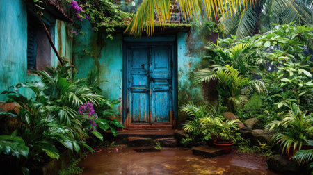 An enchanting view of a weathered blue door nestled among lush tropical plants, creating a serene and inviting atmosphere in a vibrant garden.の素材