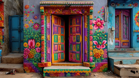 This captivating image showcases a vibrant doorway adorned with intricate floral murals, reflecting artistic culture and traditional craftsmanship.の素材
