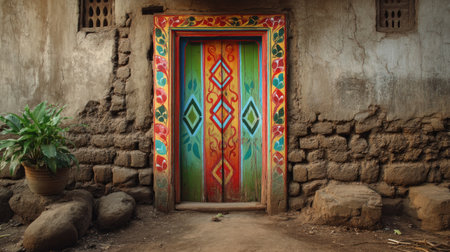 This captivating image features a vibrant and colorful doorway adorned with intricate artistic patterns, standing against a rustic stone wall and lush plant.の素材