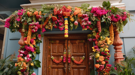 A stunning floral decoration featuring a variety of bright blossoms elegantly arranged above a beautifully carved wooden doorway, perfect for festive occasions.の素材