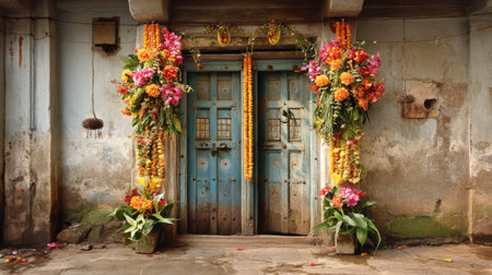Experience the beauty of rustic architecture adorned with vibrant floral decorations, capturing a cultural celebration through warm colors and natural elements.の素材