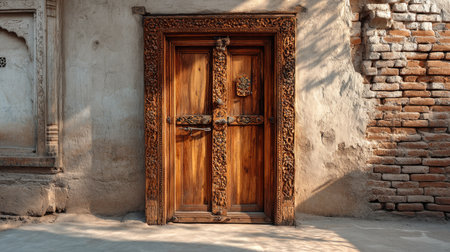 This image showcases an intricately carved wooden door set against a weathered wall, highlighting exquisite craftsmanship and warm tones in natural light.の素材